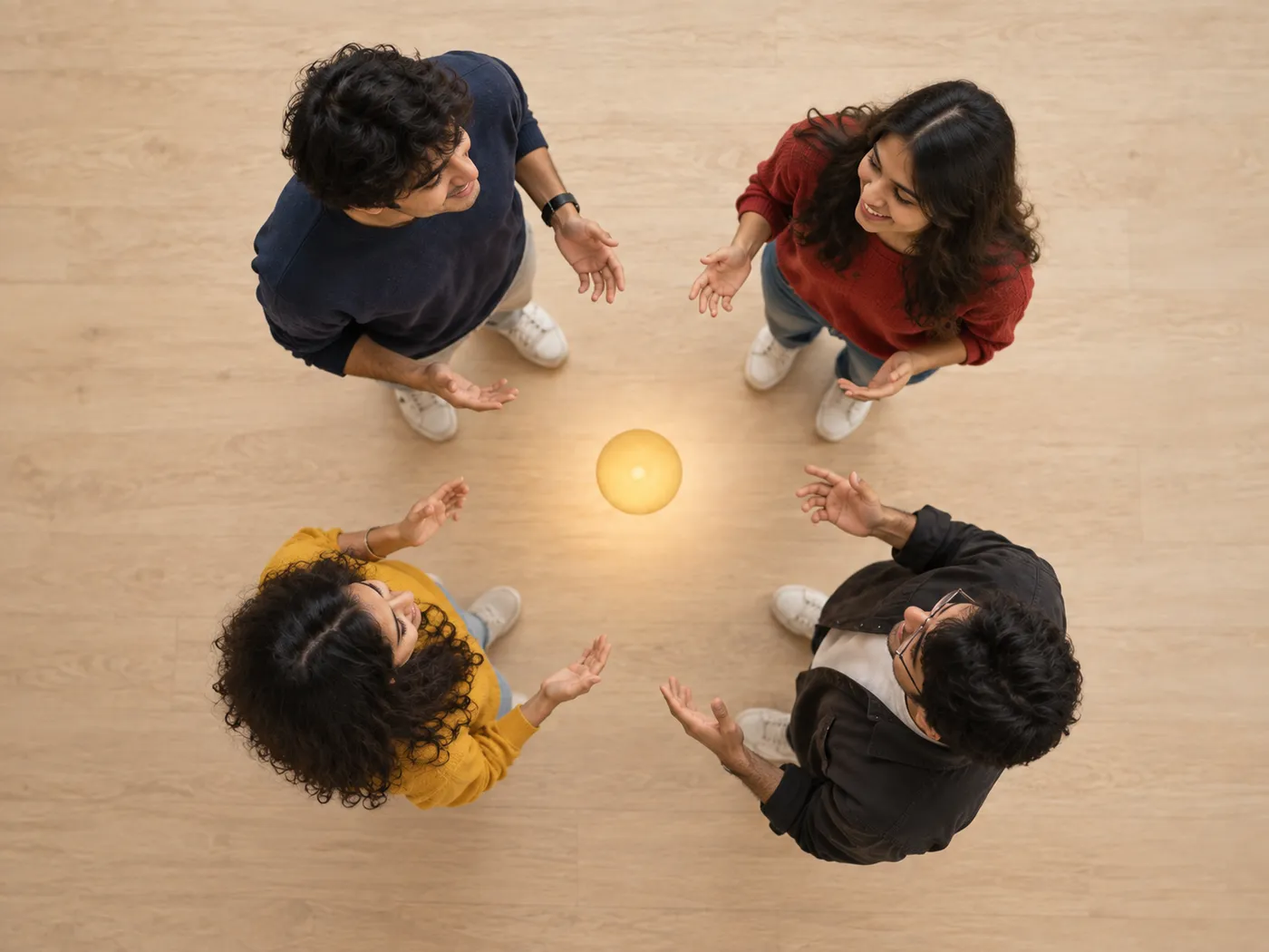 Four people gathered around a warm point of light, meeting because of a shared interest